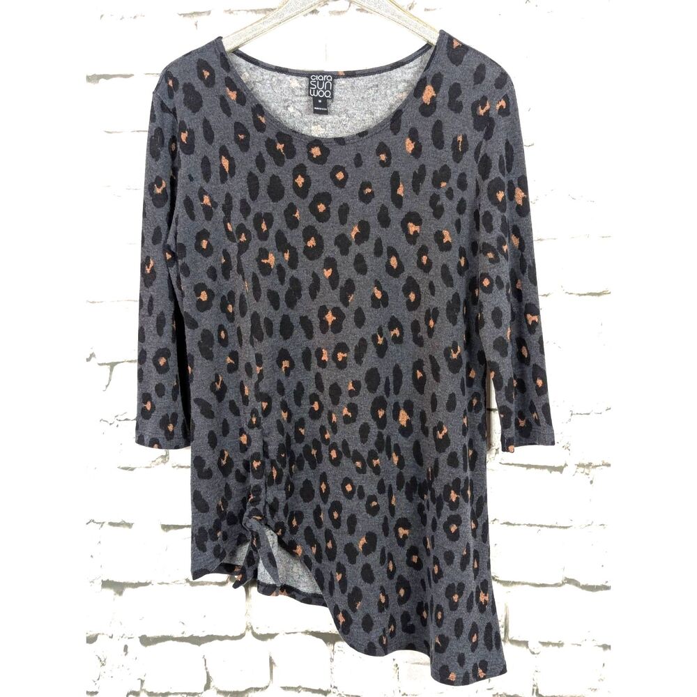 CLARA SUN WOO Leopard Print Asymmetrical Knit Tunic USA Artsy Lagenlook Medium